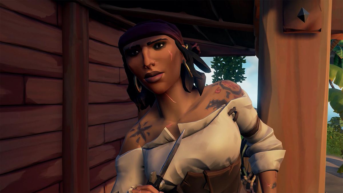 Sea of Thieves - Larinna, a tan and scarred woman who wears a red bandana and white top, lounging outside a tavern.
